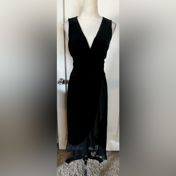 Vintage 90’s Connected Velvet Ruffle Hem Cocktail Dress Midi Plunging Neck noir - Picture 15 of 16